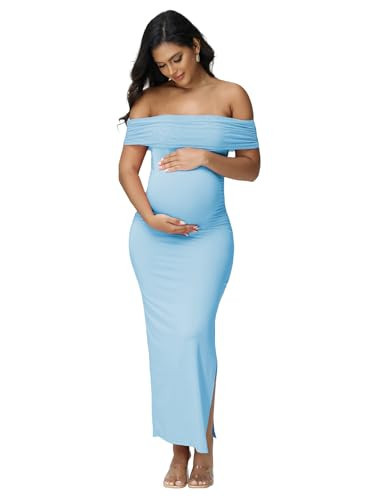 JustVH Women's Maternity Mesh Off Shoulder Sleeveless Split Party Midi Dress for Baby Shower Photoshoot Gown Blue | Amazon (US)