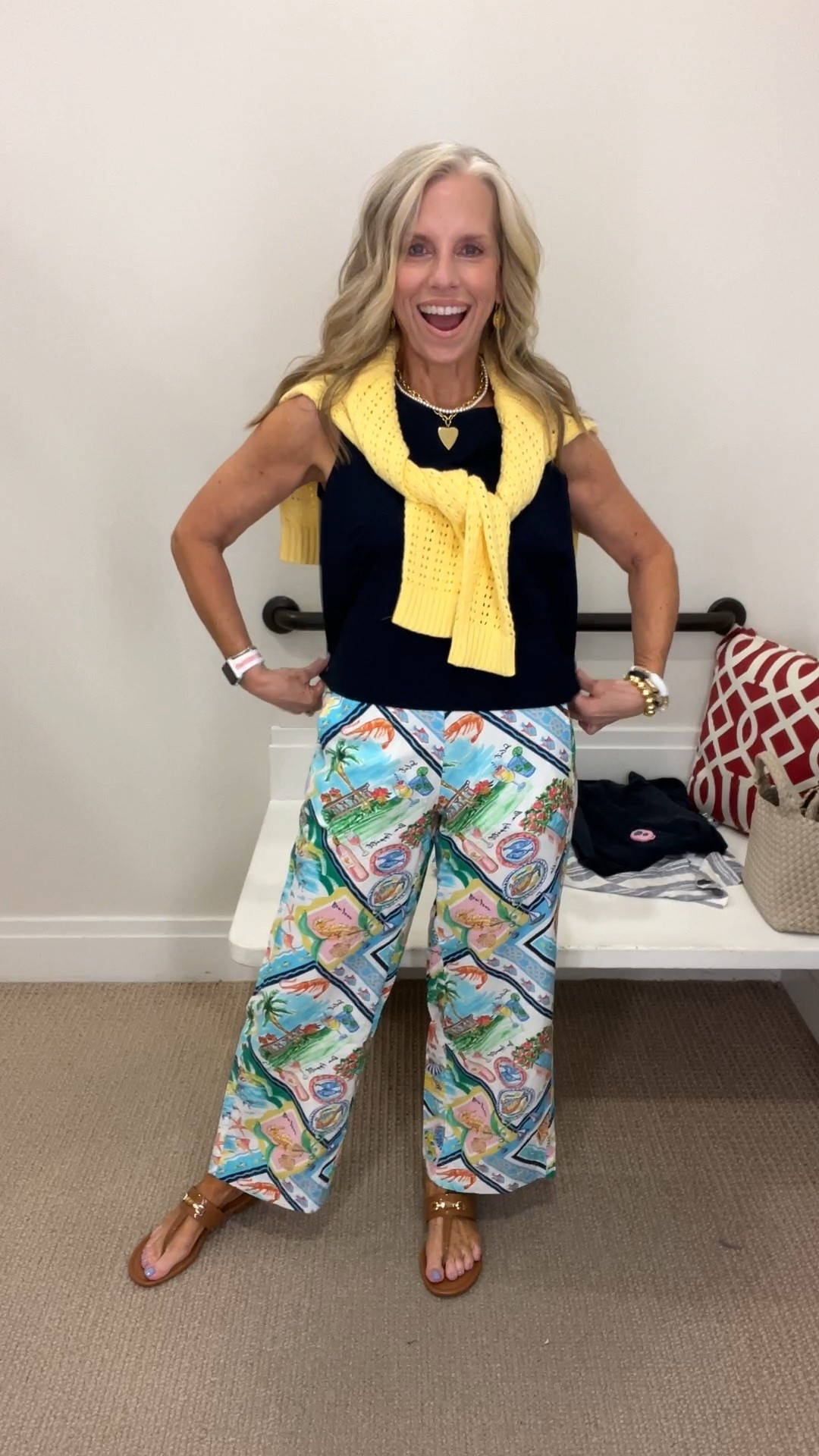 Grab this entire look while it’s 40% off. 
XS top and pants/small sweater 
Fun vacation look, everyday style or maybe even workwear 

#LTKOver40 #LTKSaleAlert #LTKFindsUnder100