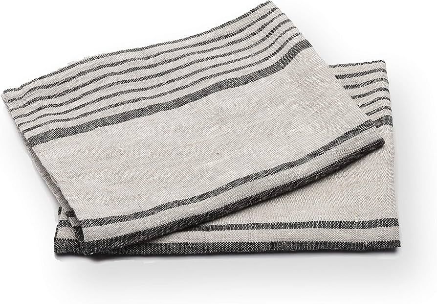 LinenMe Set of 2 Provence Linen Hand Towels, Standard, Black Natural Striped, Prewashed 100% Line... | Amazon (US)