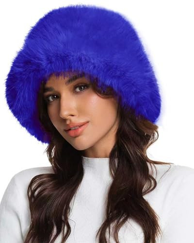 Faux Fur Bucket Hat for Women, Wide Brim Adjustable Fuzzy Fisherman Cap Long Pile Fluffy Winter Fashion Hat (US, Alpha, One Size, Medium, Royal Blue) | Amazon (US)