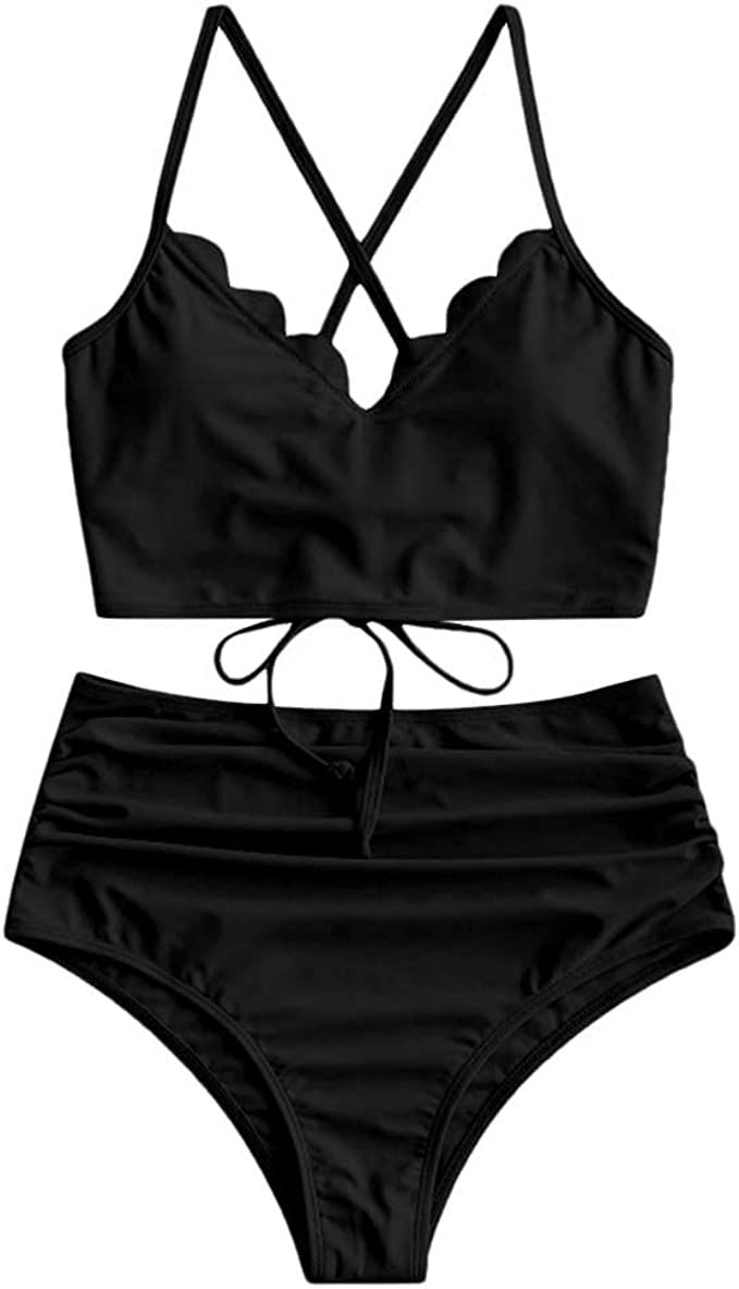 ZAFUL High Waisted Swimsuits for Women Scalloped Bikini Sets Back Lace-Up Tankini Sets Tummy Cont... | Amazon (US)