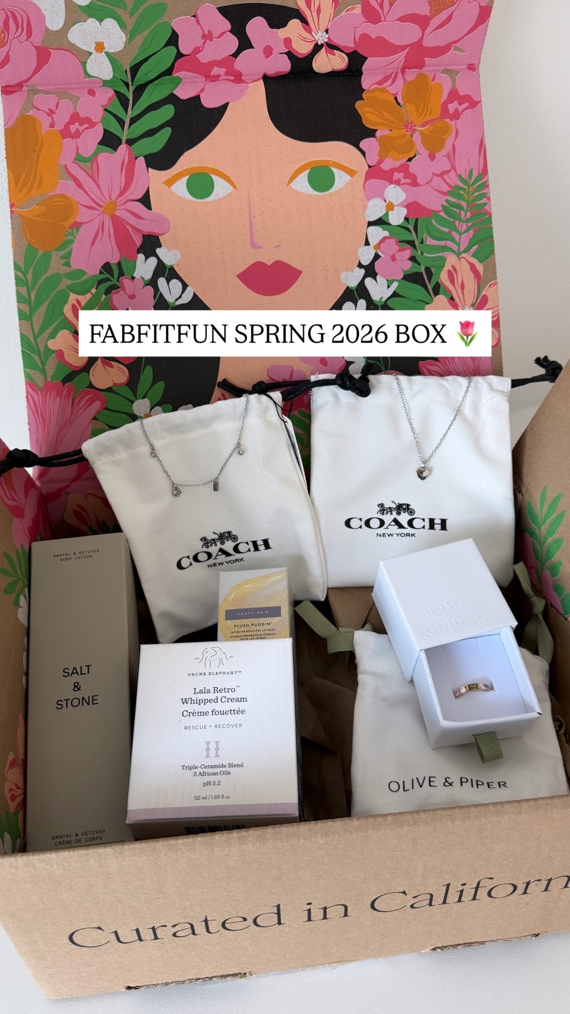 This month’s FabFitFun box is so good!!😍

I got 2 items from Coach, a Drunk Elephant moisturizer, Salt & Stone lotion, Fenty Beauty lip product, and a ring from Olive & Piper! 

Also linking the snoopy shirt I’m wearing in the unboxing video!

#fabfitfun #giftguide #coach #necklace #jewelry #beauty #makeup #home #skincare #seasonal #spring

#LTKselfcare #LTKBeauty #LTKSeasonal