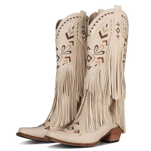Attiposh Cowboy Boots for Women Fashion Chunky Heel Fringe Cowgirl Boots Vintage Embroidery Square Toe Slip on Mid Calf Boots Western Style Country Boots Beige Shoes Size 7.5 | Amazon (US)