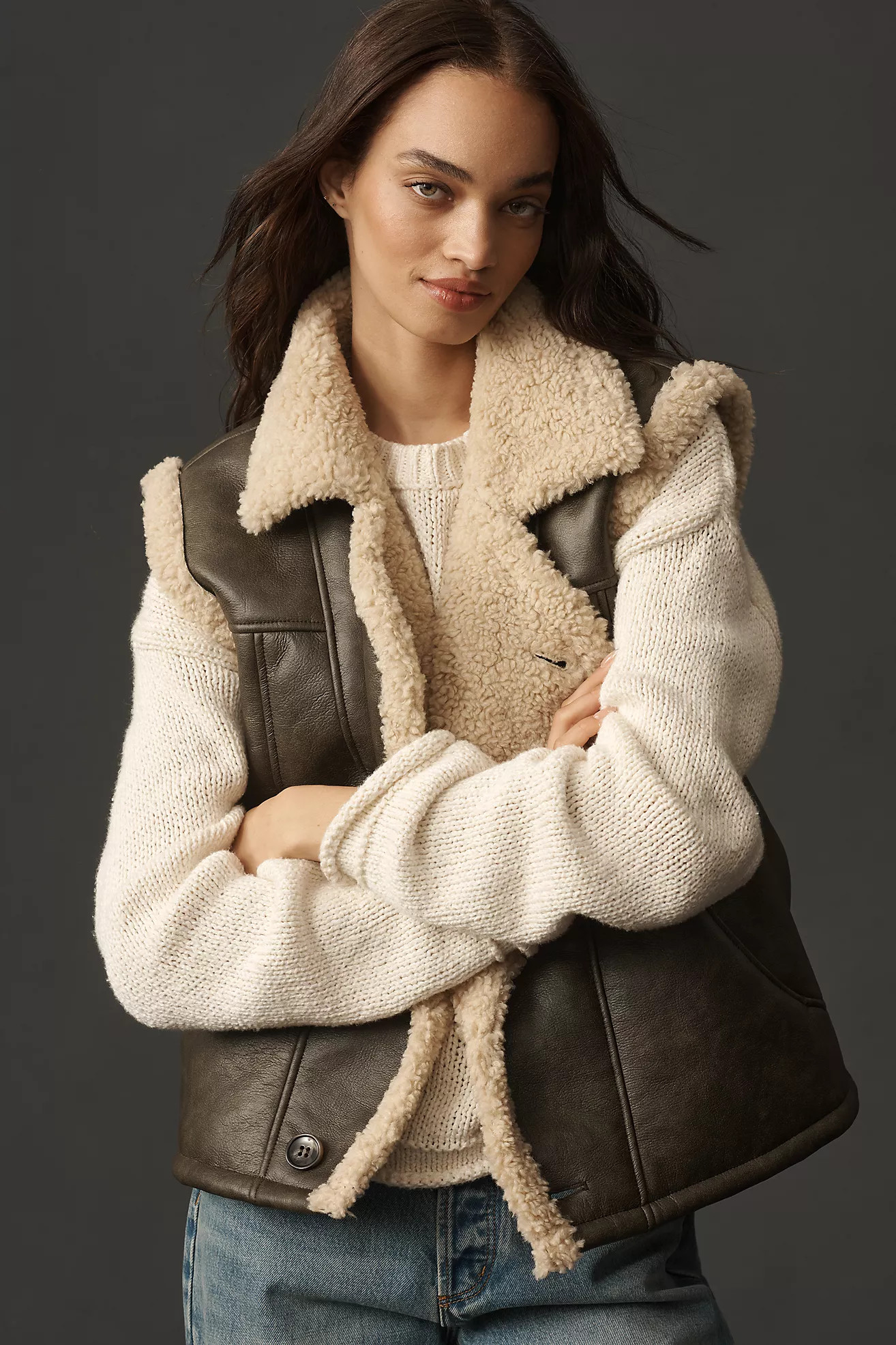 By Anthropologie Faux-Leather Sherpa Fleece-Lined Vest | Anthropologie (US)