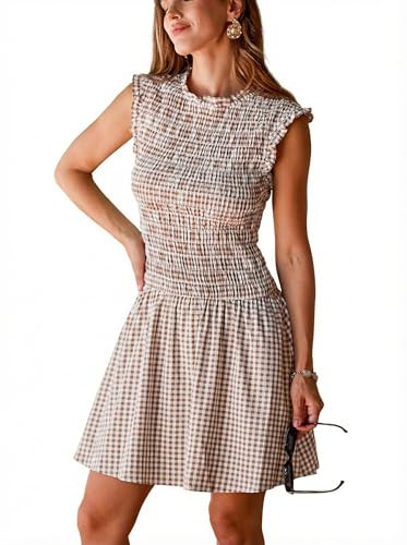 CUPSHE Women's Gingham Mock Neck Fully Smocked Ruffle Trim Mini Dress | Amazon (US)