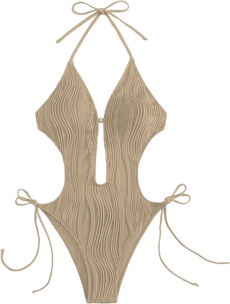 MakeMeChic Women's One Piece Swimsuit Halter Cut Out Tie Backless Bathing Suit Swimwear | Amazon (US)