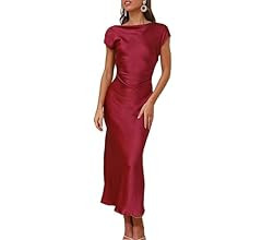 2023 Satin Cap Sleeve Cowl Back Summer Dresses for Women Elegant Ruched Waist Wedding Guest Midi ... | Amazon (US)