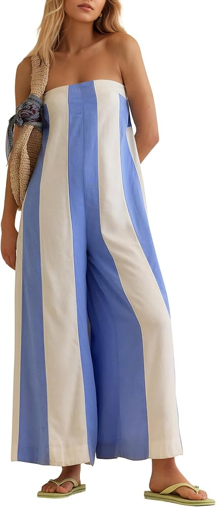 MISSACTIVER Summer Wide Leg Jumpsuits for Women Striped Strapless Long Rompers 2025 Sleeveless On... | Amazon (US)