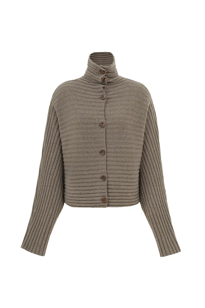 Charlotte Turtleneck Ribbed Knit Cardigan in Merino Wool-Cashmere | Fabrique