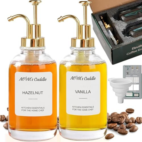 Coffee Syrup Dispenser 16.9 Oz (500ml) - Glass Syrup Dispenser for Coffee Bars with Golden Pump, 20 Labels & Silicone Funnel, Premium Quality Glass Bottles - Pack of 2 | Amazon (US)