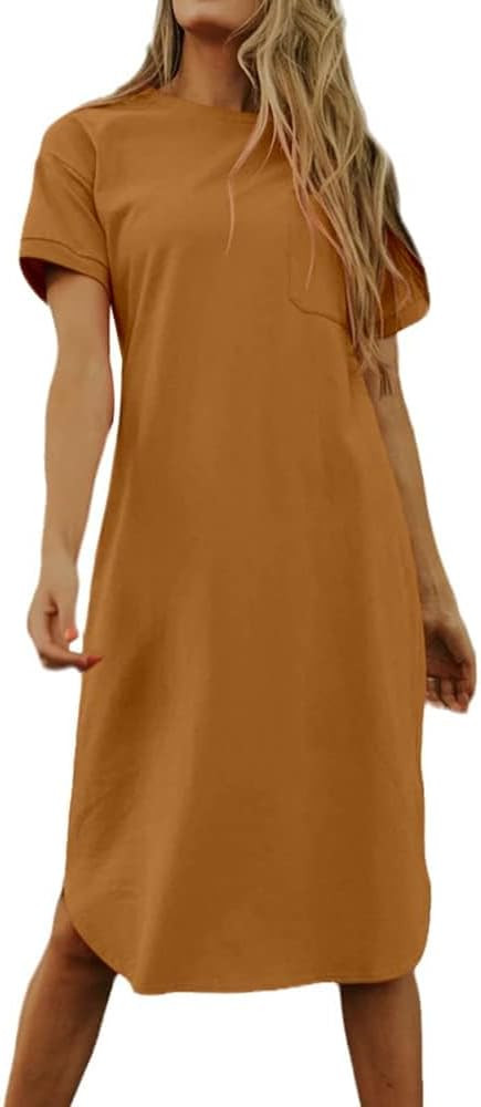 Dyexces Summer Dress for Women Crew Neck Short Sleeve Solid Basic T-Shirts Casual Midi Dresses wi... | Amazon (US)