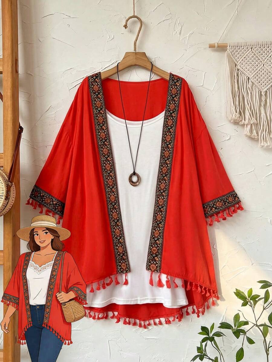 Rusticease Plus Size Women's Red Sequin Autumn Tropical Holiday Kimono Cardigan,Country Floral Em... | SHEIN