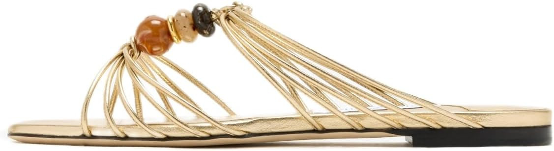 Womens Strappy Flat Slide Sandals Dressy Slip On Sandals Square Open Toe Beaded Summer Slides Vac... | Amazon (US)