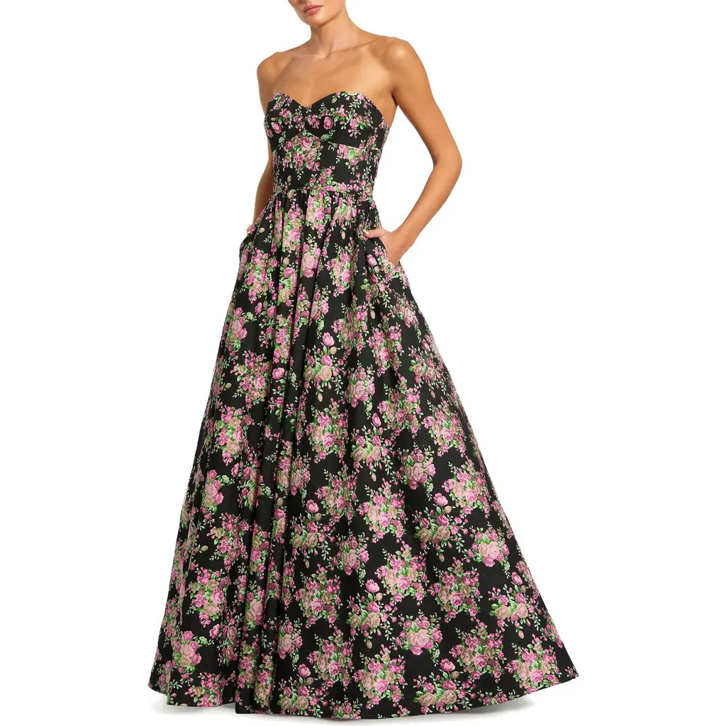 Mac Duggal Strapless Sweetheart Brocade Floral A Line Gown in Black Multi at Nordstrom, Size 6 | Nordstrom