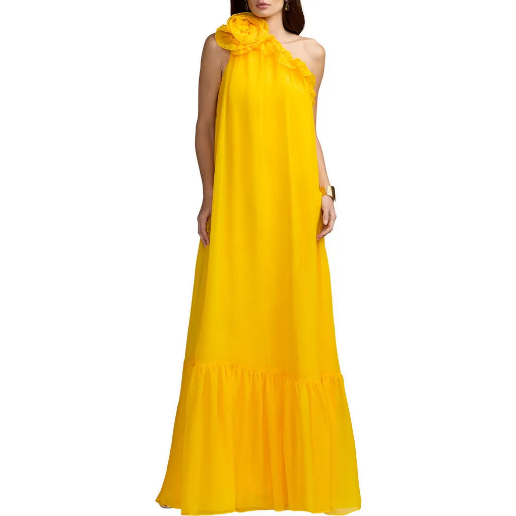 Mac Duggal Women's One Shoulder Chiffon Maxi Gown with 3D Rosette in Sunshine at Nordstrom, Size Small | Nordstrom