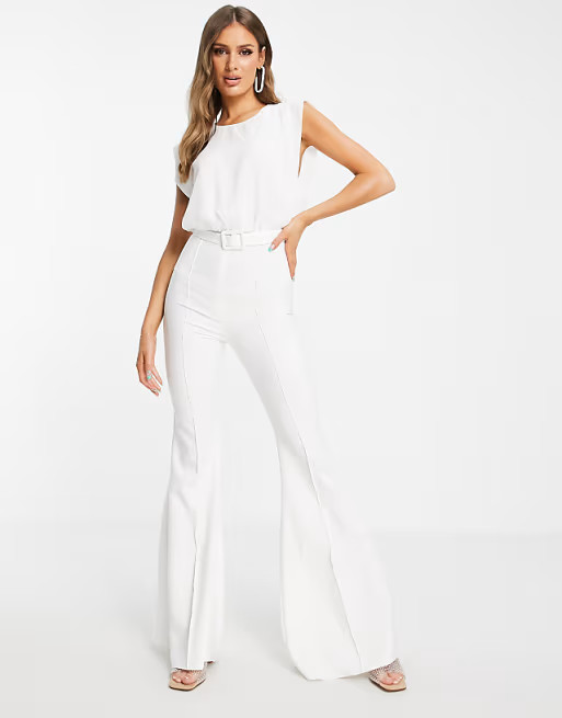 ASOS DESIGN chiffon top belted flared leg jumpsuit in white | ASOS (Global)