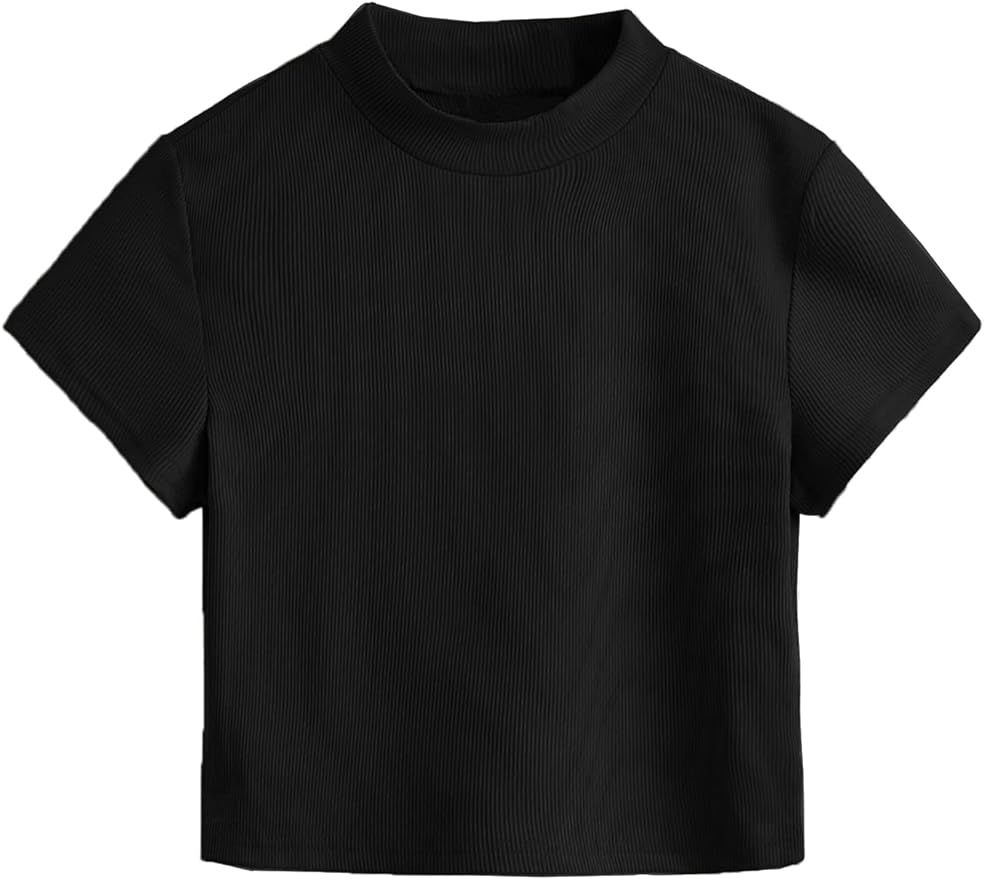 Verdusa Women's Mock Neck Short Sleeve Ribbed Basic T Shirt Tee Top | Amazon (US)