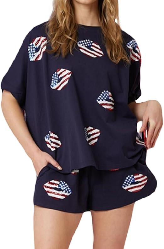 Women Independence Day Shorts Set Sequin American Flag Short Sleeve T Shirt 4th of July Patriotic... | Amazon (US)