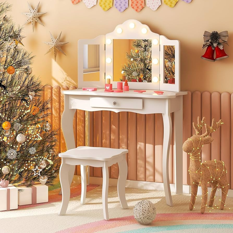 HONEY JOY Kids Vanity Set with Lighted Mirror, 2 in 1 Princess Toddler Dressing Table w/Tri-Fold ... | Amazon (US)