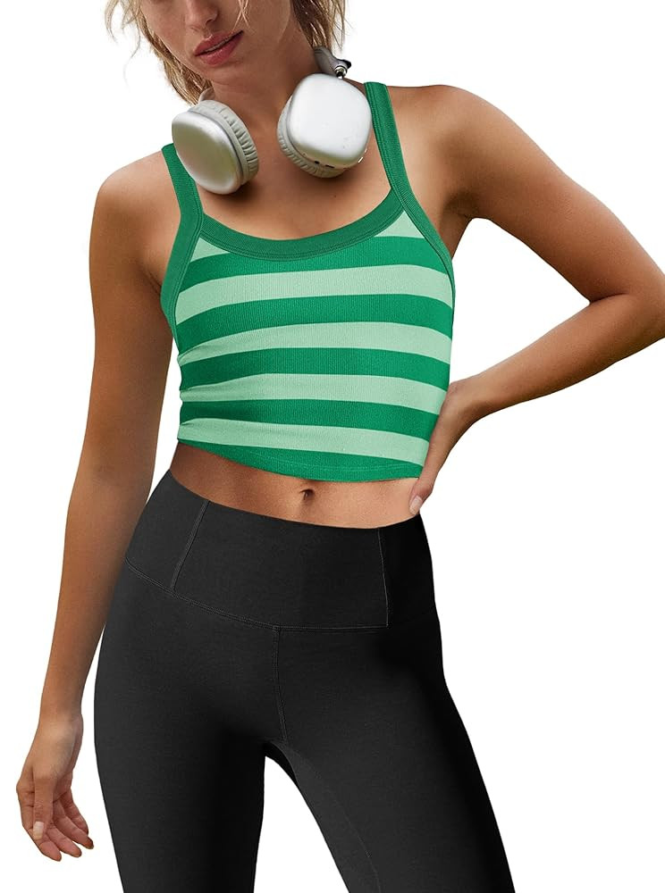 LAMISSCHE Womens Cropped Tank Tops Workout Sleeveless Striped Camisole Spaghetti Strap Athletic G... | Amazon (US)