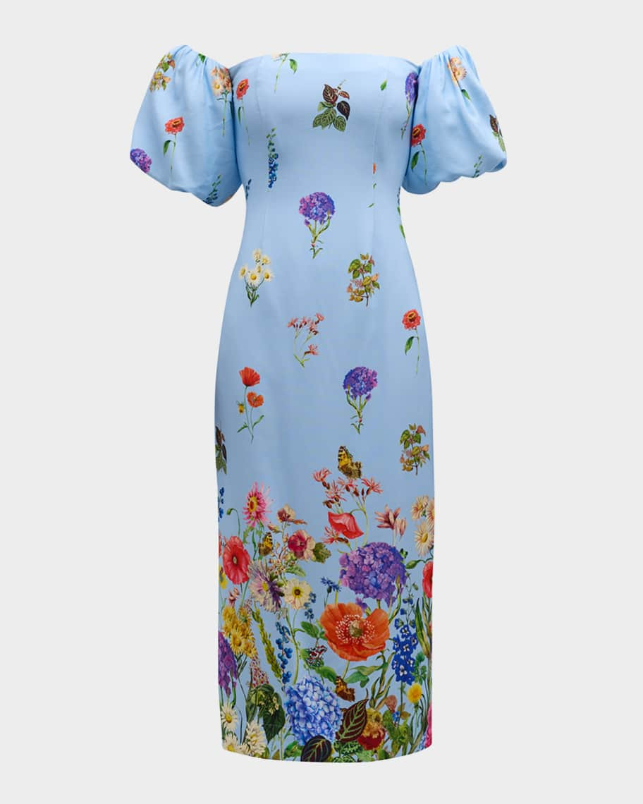 Karene Floral Crepe Puff-Sleeve Midi Dress | Neiman Marcus