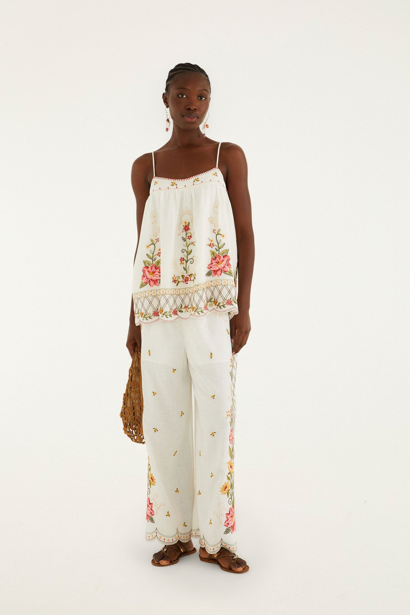 Off-White Flower Embroidery Wide-Leg Pants | FARM Rio | FarmRio (US)