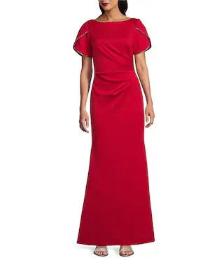 Boat Neck Tulip Sleeve Rhinestone Trim Sheath Gown | Dillard's