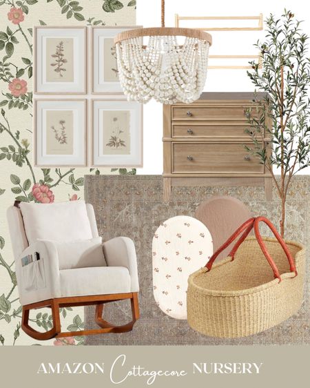 CottageCore Neutral Style Girl Nursery | rug | bassinet | decor | chair | dresser | light 