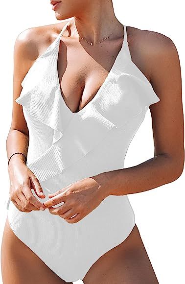 CUPSHE Women's One Piece Swimsuit Ruffle Wrap Textured Beach Swimwear Bathing Suits | Amazon (US)