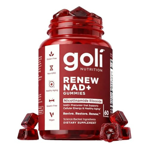 Goli World’s First Renew NAD+, 60 Count – Nicotinamide Riboside (NR) – Cellular Energy & Healthy Aging Support – Vegan, Non-GMO, Gelatin-Free Liquid-Center Gummies | Amazon (US)