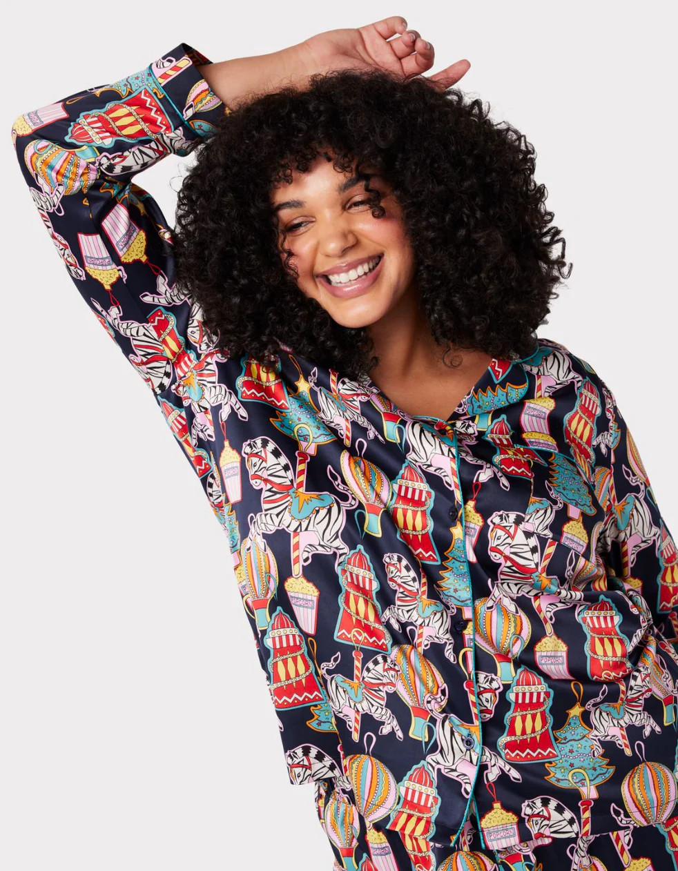 Satin Christmas Decorations Funfair Print Long Pyjama Set | Chelsea Peers NYC