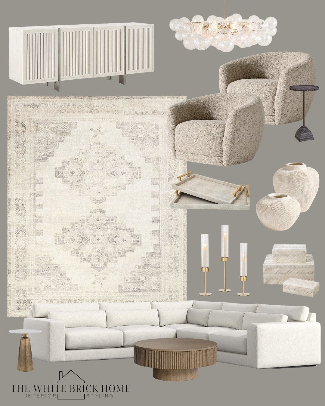 A neutral color palette for a living room with modern touches, like this beautiful sideboard that offers storage. I love this rug paired with taupe and brass accents, like these affordable candle holders from Amazon. 

🖤🖤

Living room, living room decor, living room ideas, living room furniture, sofa, sectional, couch, coffee table, accent table, accent chairs, media console, sideboard, storage cabinet, chandelier, bubble chandelier, side table, vase, home decor, home design, living room design, living room accents, living room decor, home decor, area rug, living room rug, west elm, pottery barn, Wayfair 



#LTKOver40 #LTKSaleAlert #LTKHome