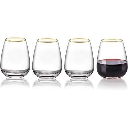 Gold Rim Stemless Wine Glasses 13.5OZ Clear Red Wine Glasses Lightweight Heavy Base Durable Mixed... | Amazon (US)