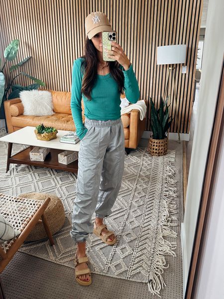 Casual spring look! I have a size xs in pants and small in top! #springlook #springsandals #parachutepants 

#LTKSeasonal #LTKfindsunder50 #LTKfindsunder100