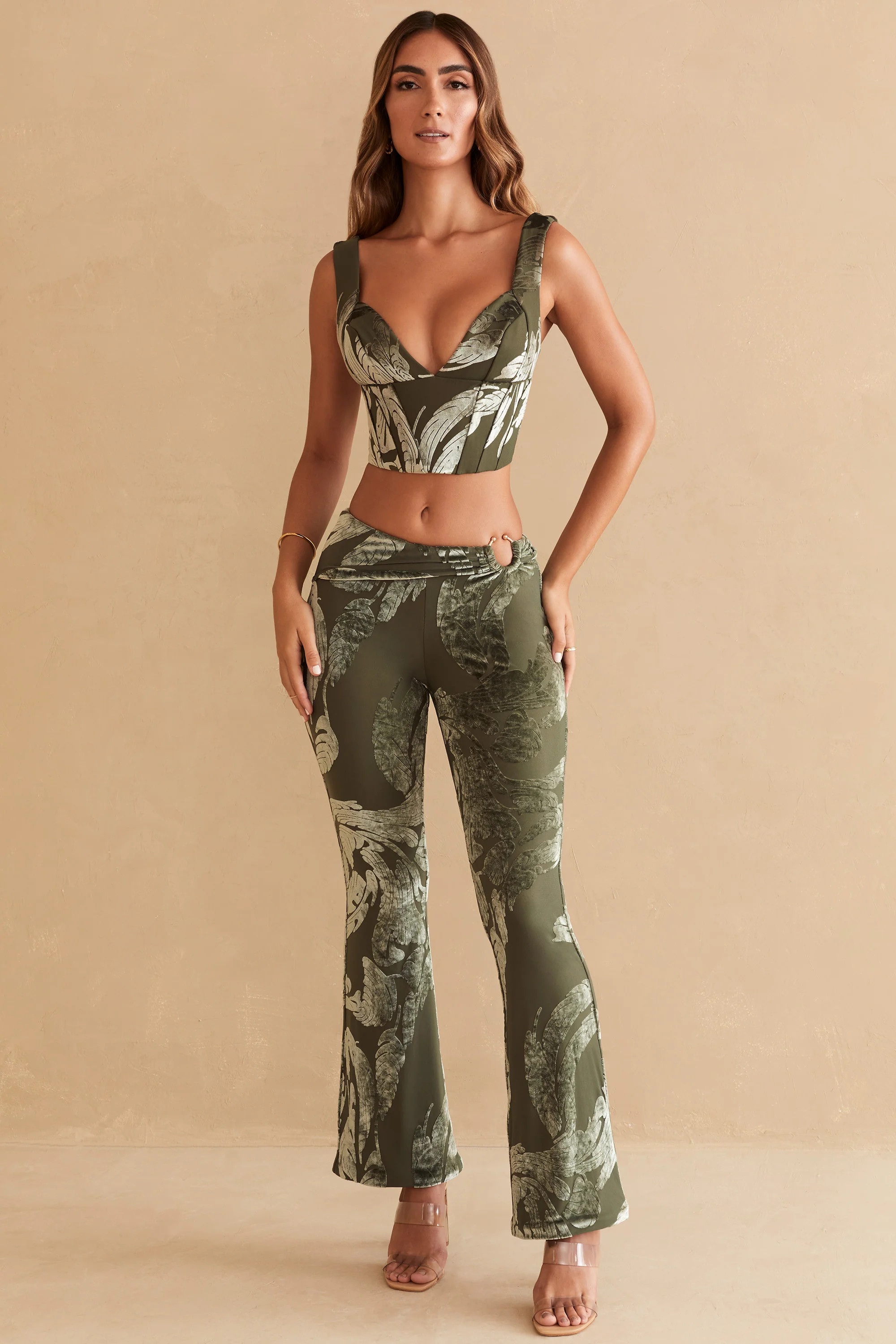 Ring Detail Bootleg Trousers in Olive Print | Oh Polly
