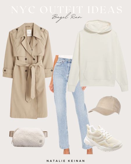 NYC outfit idea for a bagel run!White sweatshirt. Long trench coat. Beige hat. Lululemon Sherpa belt bag. Target sneakers. Jeans. 

#LTKSeasonal #LTKstyletip #LTKCyberweek