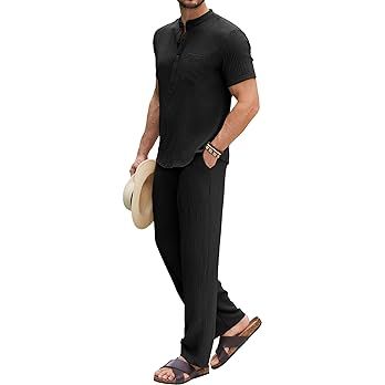 COOFANDY Mens Linen Sets 2 Piece Short Sleeve Henley Shirt and Beach Pants Set Casul Summer Vacat... | Amazon (US)