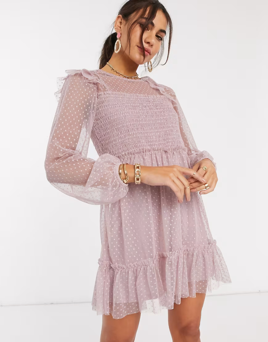 River Island long sleeve frill shirred mesh dress in pink | ASOS (Global)