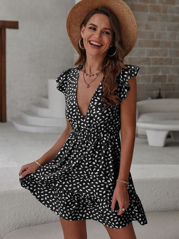 Allover Print Butterfly Sleeve A-line Dress | SHEIN