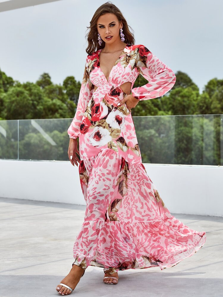 Kleid mit Blume & Leopard Muster, Ausschnitt, Rüschen, tiefem Ausschnitt | SHEIN