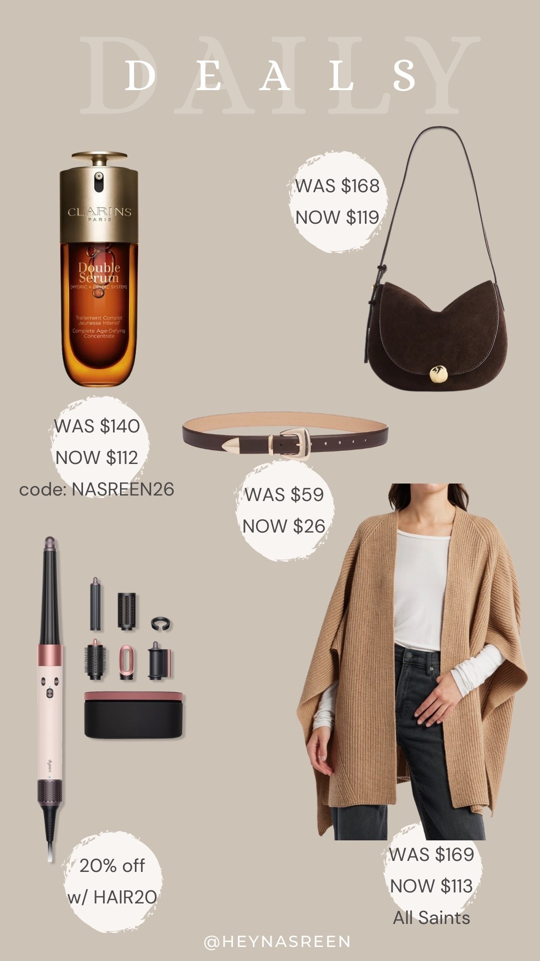 Daily deals on Clarins double serum, Madewell bag, All Saints ruana, Dyson Airwrap ID, Nordstrom belt 