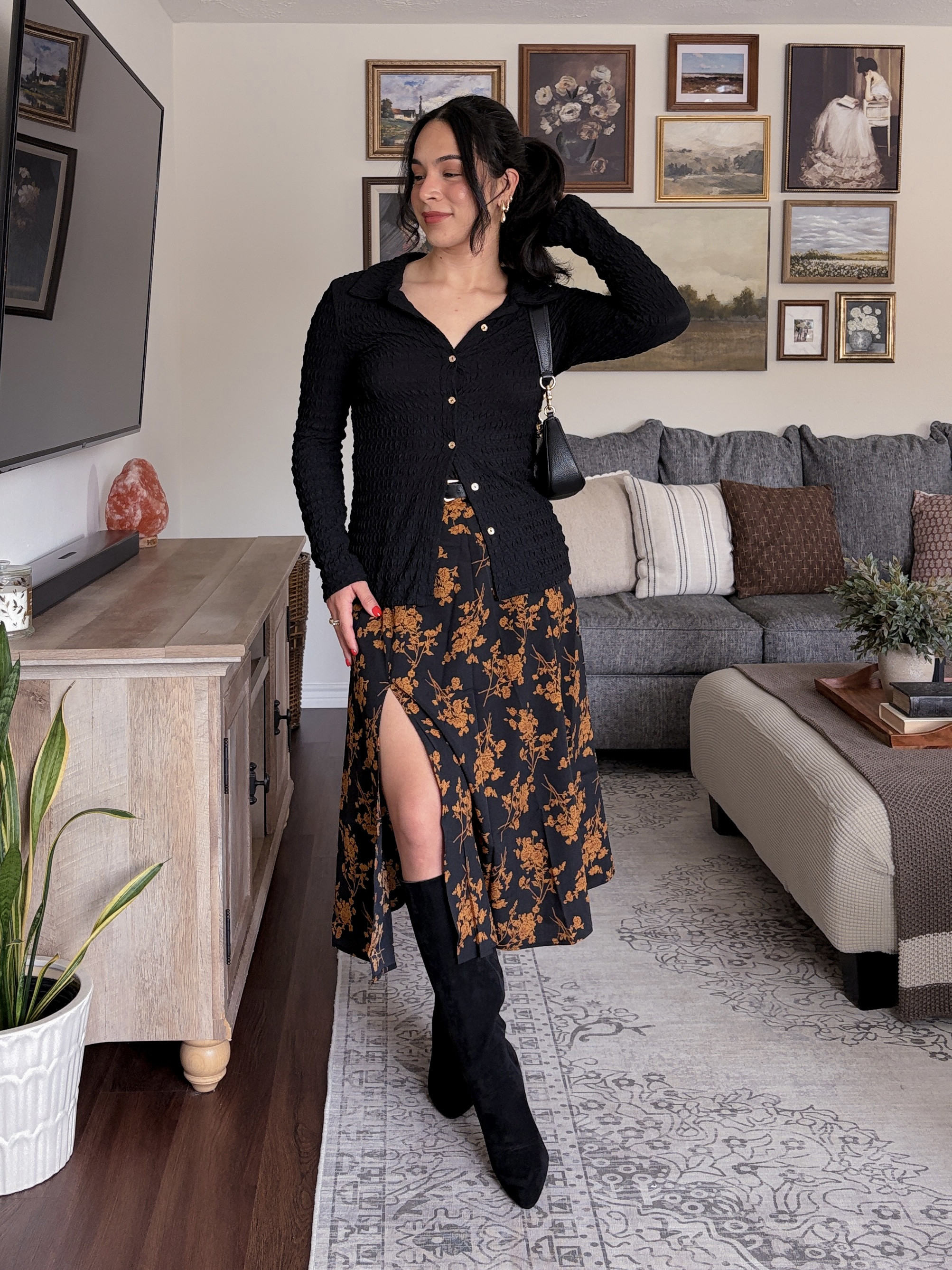 fall feels 🍁 RIHOAS discount code: oza12RS ✨ black cardigan, black button down cardigan, black knit cardigan, fitted cardigan, long sleeve cardigan, textured cardigan, black floral skirt, black midi skirt, floral midi skirt, floral skirt outfit, fall floral skirt, fall outfit, fall fashion, autumn outfit, autumn fashion, black and orange outfit, black and brown outfit, floral fall outfit, midi skirt outfit, skirt and cardigan outfit, black knee high boots, knee high boots outfit, black boots, suede knee high boots, black shoulder bag, black handbag, gold jewelry, feminine fall outfit, elegant fall outfit, chic fall outfit, romantic fall outfit, date night outfit, dinner outfit, brunch outfit, Thanksgiving outfit, holiday outfit, office outfit, work outfit, classic outfit, sophisticated outfit, feminine style, timeless style, vintage inspired outfit, cottagecore outfit, dark feminine style, cozy fall outfit, casual chic outfit, transitional outfit, LTK fashion, LTK outfit, outfit inspiration  

 #LTKNYFW #LTKgrwm #LTKootd