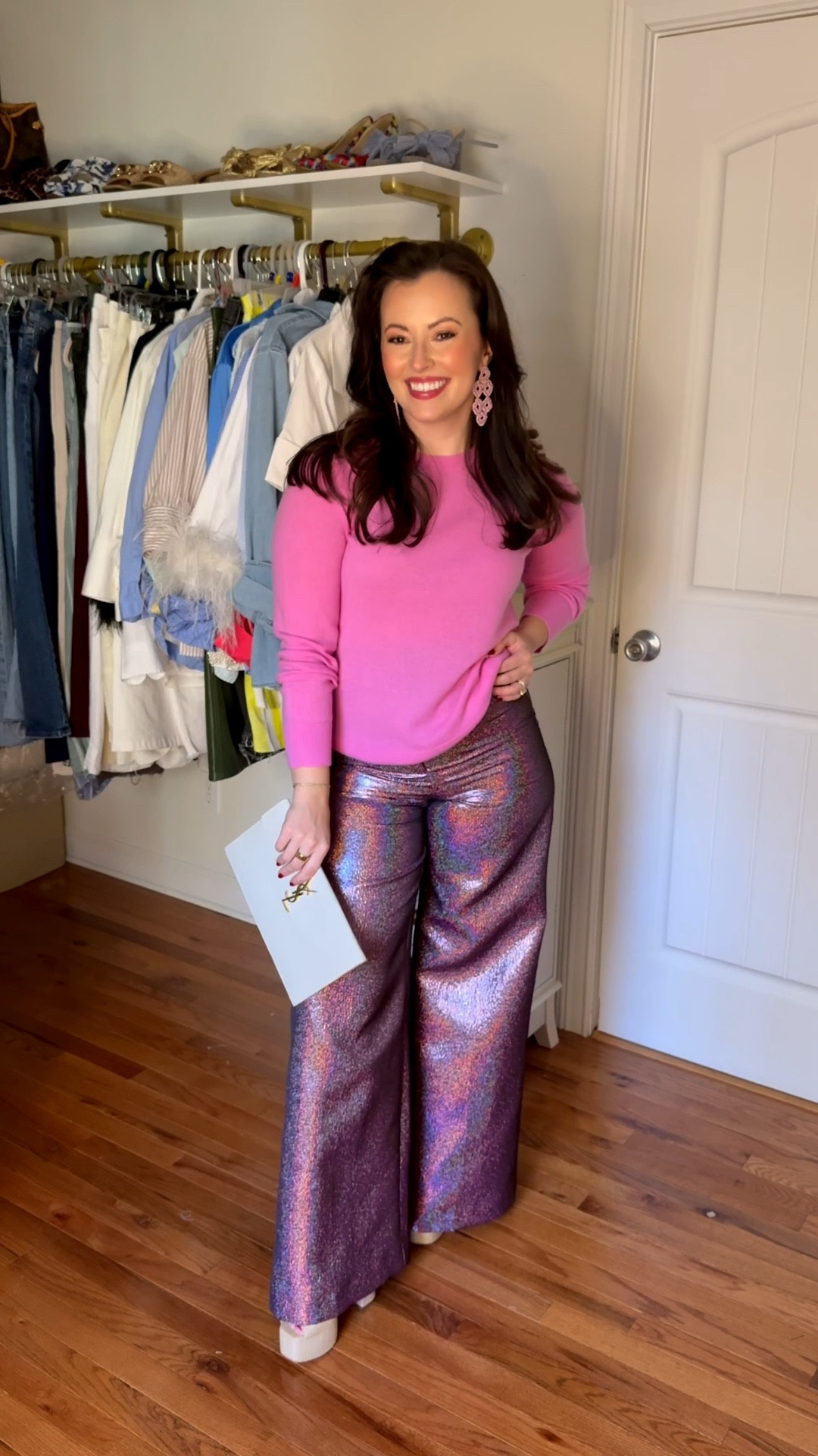 Holiday outfit 
Colorful Christmas party outfit by Dillards and The Nat Note - the most epic party pants for your holiday season! 💜🪩💖
Candy pink cashmere sweater

Sweeter - I’m wearing Small
Pants - I’m sized up to a 6 (size up one as they are a bit snug in the hip/thigh area) 

#LTKHoliday #LTKSeasonal