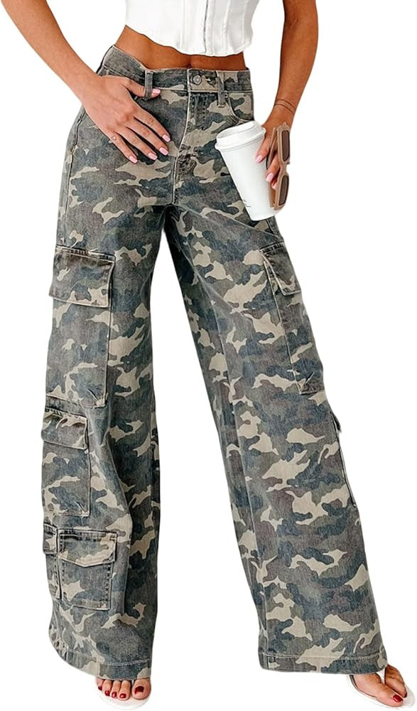 loveimgs Women Casual Camo Print Denim Pants Y2k Wide Leg Cargo Jeans Flare Distressed Camouflage... | Amazon (US)