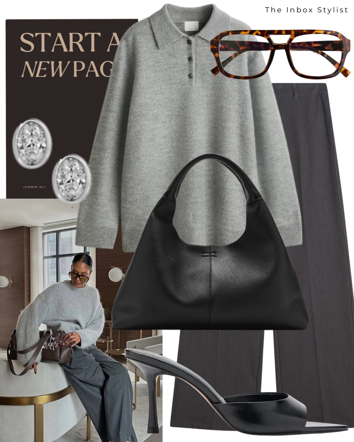 An elevated outfit for Monday - Friday  

Including grey polo jumper, grey tailored trousers, black leather handbag, tortoise glasses, silver diamond stud earrings, black mule heels. 

Notebook - Papier

#LTKworkwear #LTKstyletip #LTKuk