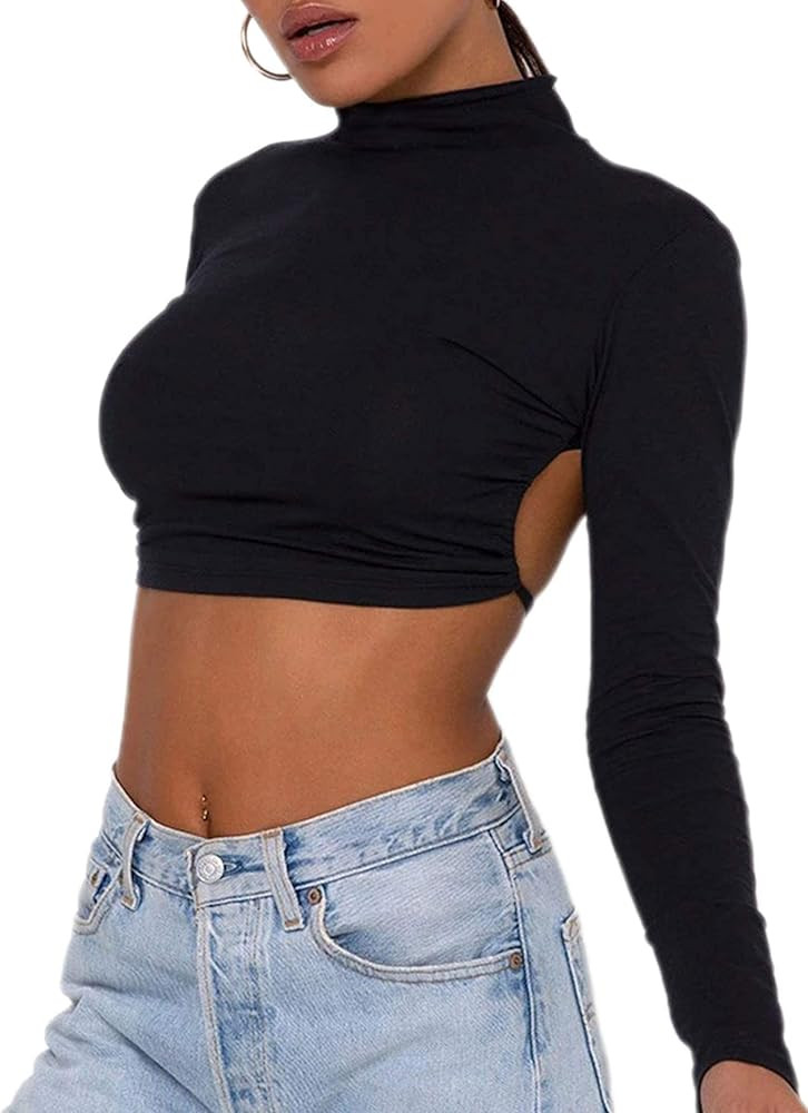 Remidoo Women's Sexy Backless Mock Neck Long Sleeve Crop Top T-Shirt | Amazon (US)