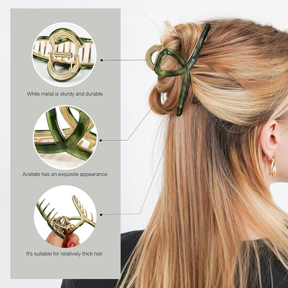 Big Hair Claw Clip Metal Claw Clips for Women Strong Hold Claw for Heavy Hair Green Acetate Claw ... | Amazon (US)