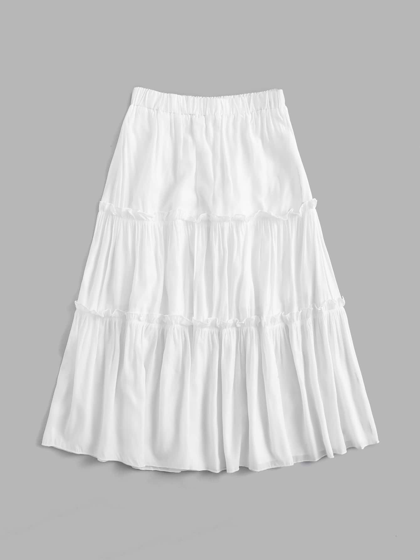 ROMWE Solid Frill Skirt, School,Ladies Casual Frill Midi Loose High Waist White Viscose Plain Women Skirts,Spring/Summer,Casual Daily Wear | SHEIN