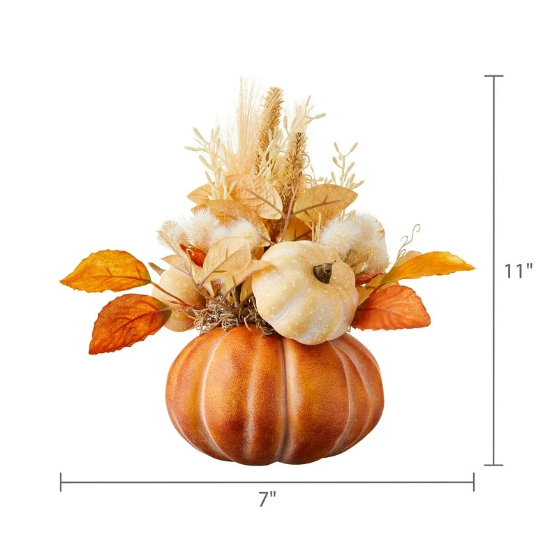 Foam Pumpkin with Fall Foliage Tabletop Decor, Orange & Cream, 11", Harvest by Way To Celebrate -... | Walmart (US)