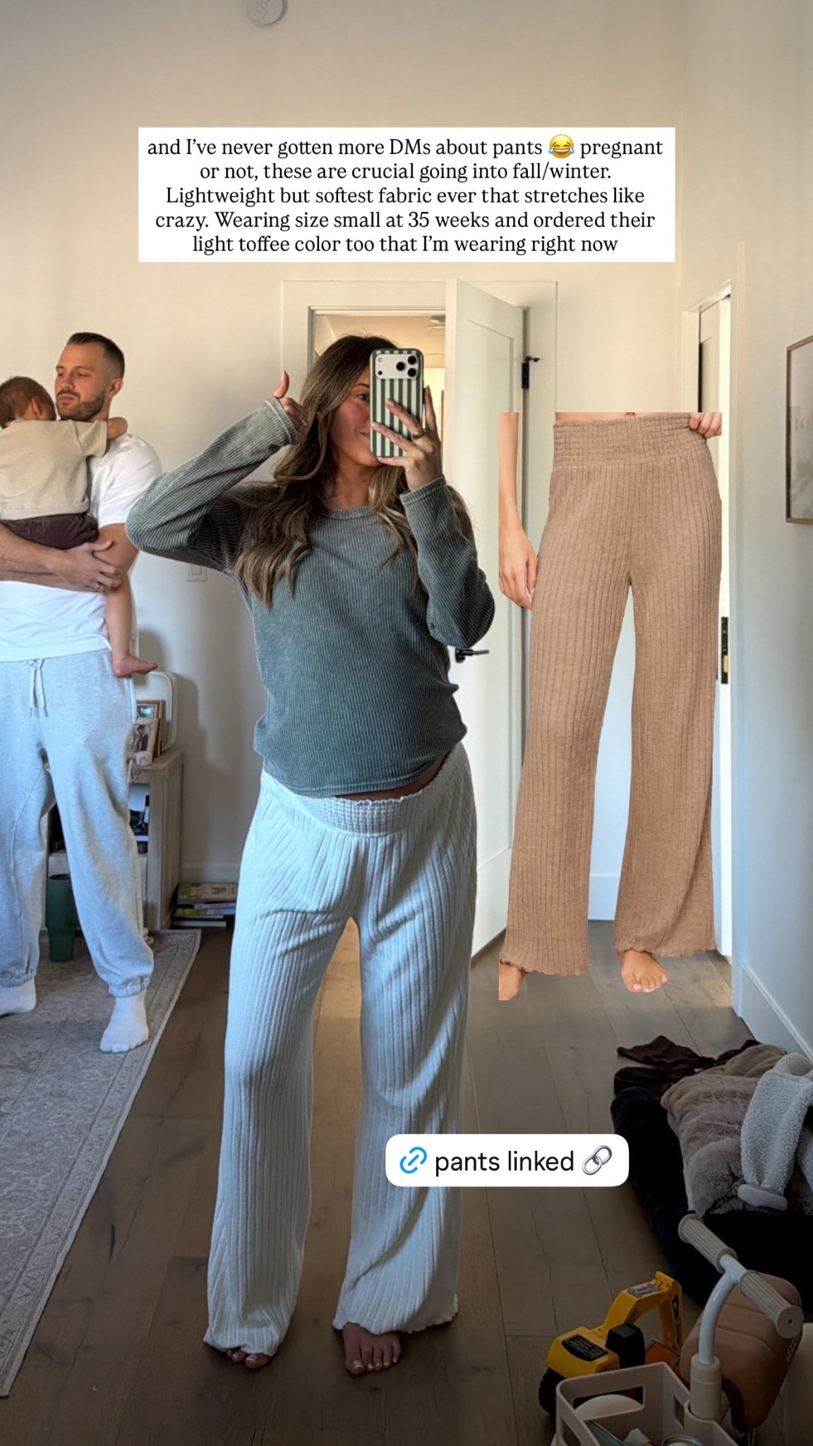 and I’ve never gotten more DMs about pants 😂 pregnant or not, these are crucial going into fall/winter. Lightweight but softest fabric ever that stretches like crazy. Wearing size small at 35 weeks and ordered their light toffee color too that I’m wearing right now